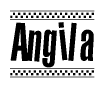 The image is a black and white clipart of the text Angila in a bold, italicized font. The text is bordered by a dotted line on the top and bottom, and there are checkered flags positioned at both ends of the text, usually associated with racing or finishing lines.