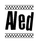 The image is a black and white clipart of the text Aled in a bold, italicized font. The text is bordered by a dotted line on the top and bottom, and there are checkered flags positioned at both ends of the text, usually associated with racing or finishing lines.