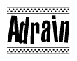 The image contains the text Adrain in a bold, stylized font, with a checkered flag pattern bordering the top and bottom of the text.