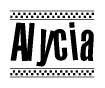 The image contains the text Alycia in a bold, stylized font, with a checkered flag pattern bordering the top and bottom of the text.