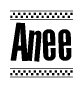The image is a black and white clipart of the text Anee in a bold, italicized font. The text is bordered by a dotted line on the top and bottom, and there are checkered flags positioned at both ends of the text, usually associated with racing or finishing lines.