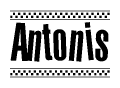 The image contains the text Antonis in a bold, stylized font, with a checkered flag pattern bordering the top and bottom of the text.