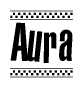 The clipart image displays the text Aura in a bold, stylized font. It is enclosed in a rectangular border with a checkerboard pattern running below and above the text, similar to a finish line in racing. 