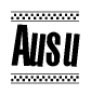 The clipart image displays the text Ausu in a bold, stylized font. It is enclosed in a rectangular border with a checkerboard pattern running below and above the text, similar to a finish line in racing. 