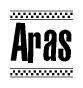 The image is a black and white clipart of the text Aras in a bold, italicized font. The text is bordered by a dotted line on the top and bottom, and there are checkered flags positioned at both ends of the text, usually associated with racing or finishing lines.