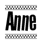 The image is a black and white clipart of the text Anne in a bold, italicized font. The text is bordered by a dotted line on the top and bottom, and there are checkered flags positioned at both ends of the text, usually associated with racing or finishing lines.