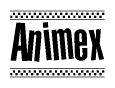 The image is a black and white clipart of the text Animex in a bold, italicized font. The text is bordered by a dotted line on the top and bottom, and there are checkered flags positioned at both ends of the text, usually associated with racing or finishing lines.