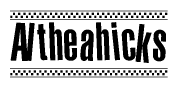The image contains the text Altheahicks in a bold, stylized font, with a checkered flag pattern bordering the top and bottom of the text.