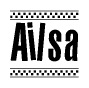 The image is a black and white clipart of the text Ailsa in a bold, italicized font. The text is bordered by a dotted line on the top and bottom, and there are checkered flags positioned at both ends of the text, usually associated with racing or finishing lines.