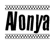The image contains the text Alonya in a bold, stylized font, with a checkered flag pattern bordering the top and bottom of the text.
