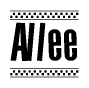 The clipart image displays the text Allee in a bold, stylized font. It is enclosed in a rectangular border with a checkerboard pattern running below and above the text, similar to a finish line in racing. 