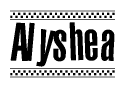 The image is a black and white clipart of the text Alyshea in a bold, italicized font. The text is bordered by a dotted line on the top and bottom, and there are checkered flags positioned at both ends of the text, usually associated with racing or finishing lines.