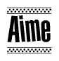The image contains the text Aime in a bold, stylized font, with a checkered flag pattern bordering the top and bottom of the text.