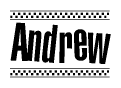 The clipart image displays the text Andrew in a bold, stylized font. It is enclosed in a rectangular border with a checkerboard pattern running below and above the text, similar to a finish line in racing. 