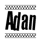The image contains the text Adan in a bold, stylized font, with a checkered flag pattern bordering the top and bottom of the text.