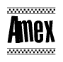 The image is a black and white clipart of the text Amex in a bold, italicized font. The text is bordered by a dotted line on the top and bottom, and there are checkered flags positioned at both ends of the text, usually associated with racing or finishing lines.