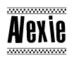The clipart image displays the text Alexie in a bold, stylized font. It is enclosed in a rectangular border with a checkerboard pattern running below and above the text, similar to a finish line in racing. 
