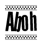 The image is a black and white clipart of the text Aboh in a bold, italicized font. The text is bordered by a dotted line on the top and bottom, and there are checkered flags positioned at both ends of the text, usually associated with racing or finishing lines.