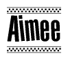 The image contains the text Aimee in a bold, stylized font, with a checkered flag pattern bordering the top and bottom of the text.