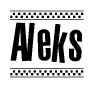 The image contains the text Aleks in a bold, stylized font, with a checkered flag pattern bordering the top and bottom of the text.