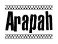 The image is a black and white clipart of the text Arapah in a bold, italicized font. The text is bordered by a dotted line on the top and bottom, and there are checkered flags positioned at both ends of the text, usually associated with racing or finishing lines.