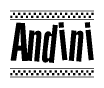 The clipart image displays the text Andini in a bold, stylized font. It is enclosed in a rectangular border with a checkerboard pattern running below and above the text, similar to a finish line in racing. 