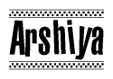 The image contains the text Arshiya in a bold, stylized font, with a checkered flag pattern bordering the top and bottom of the text.