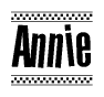 The clipart image displays the text Annie in a bold, stylized font. It is enclosed in a rectangular border with a checkerboard pattern running below and above the text, similar to a finish line in racing. 