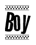 The image contains the text Boy in a bold, stylized font, with a checkered flag pattern bordering the top and bottom of the text.