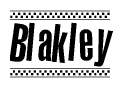 The image is a black and white clipart of the text Blakley in a bold, italicized font. The text is bordered by a dotted line on the top and bottom, and there are checkered flags positioned at both ends of the text, usually associated with racing or finishing lines.