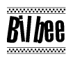 The image is a black and white clipart of the text Bilbee in a bold, italicized font. The text is bordered by a dotted line on the top and bottom, and there are checkered flags positioned at both ends of the text, usually associated with racing or finishing lines.