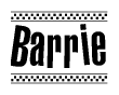 The image contains the text Barrie in a bold, stylized font, with a checkered flag pattern bordering the top and bottom of the text.