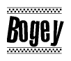 The clipart image displays the text Bogey in a bold, stylized font. It is enclosed in a rectangular border with a checkerboard pattern running below and above the text, similar to a finish line in racing. 