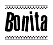 The image contains the text Bonita in a bold, stylized font, with a checkered flag pattern bordering the top and bottom of the text.