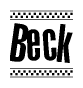 The image contains the text Beck in a bold, stylized font, with a checkered flag pattern bordering the top and bottom of the text.