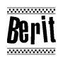 The image is a black and white clipart of the text Berit in a bold, italicized font. The text is bordered by a dotted line on the top and bottom, and there are checkered flags positioned at both ends of the text, usually associated with racing or finishing lines.