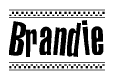 The image contains the text Brandie in a bold, stylized font, with a checkered flag pattern bordering the top and bottom of the text.