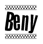 The image is a black and white clipart of the text Beny in a bold, italicized font. The text is bordered by a dotted line on the top and bottom, and there are checkered flags positioned at both ends of the text, usually associated with racing or finishing lines.