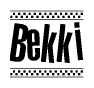The image contains the text Bekki in a bold, stylized font, with a checkered flag pattern bordering the top and bottom of the text.