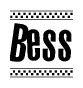 The image is a black and white clipart of the text Bess in a bold, italicized font. The text is bordered by a dotted line on the top and bottom, and there are checkered flags positioned at both ends of the text, usually associated with racing or finishing lines.