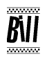 The image is a black and white clipart of the text Bill in a bold, italicized font. The text is bordered by a dotted line on the top and bottom, and there are checkered flags positioned at both ends of the text, usually associated with racing or finishing lines.