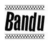 The image is a black and white clipart of the text Bandu in a bold, italicized font. The text is bordered by a dotted line on the top and bottom, and there are checkered flags positioned at both ends of the text, usually associated with racing or finishing lines.