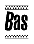 The image is a black and white clipart of the text Bas in a bold, italicized font. The text is bordered by a dotted line on the top and bottom, and there are checkered flags positioned at both ends of the text, usually associated with racing or finishing lines.