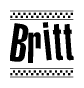 The image is a black and white clipart of the text Britt in a bold, italicized font. The text is bordered by a dotted line on the top and bottom, and there are checkered flags positioned at both ends of the text, usually associated with racing or finishing lines.