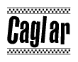 The image is a black and white clipart of the text Caglar in a bold, italicized font. The text is bordered by a dotted line on the top and bottom, and there are checkered flags positioned at both ends of the text, usually associated with racing or finishing lines.