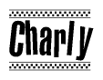 The image is a black and white clipart of the text Charly in a bold, italicized font. The text is bordered by a dotted line on the top and bottom, and there are checkered flags positioned at both ends of the text, usually associated with racing or finishing lines.