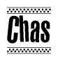 The image is a black and white clipart of the text Chas in a bold, italicized font. The text is bordered by a dotted line on the top and bottom, and there are checkered flags positioned at both ends of the text, usually associated with racing or finishing lines.