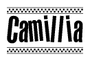The clipart image displays the text Camillia in a bold, stylized font. It is enclosed in a rectangular border with a checkerboard pattern running below and above the text, similar to a finish line in racing. 