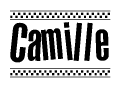 The clipart image displays the text Camille in a bold, stylized font. It is enclosed in a rectangular border with a checkerboard pattern running below and above the text, similar to a finish line in racing. 