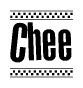 The clipart image displays the text Chee in a bold, stylized font. It is enclosed in a rectangular border with a checkerboard pattern running below and above the text, similar to a finish line in racing. 